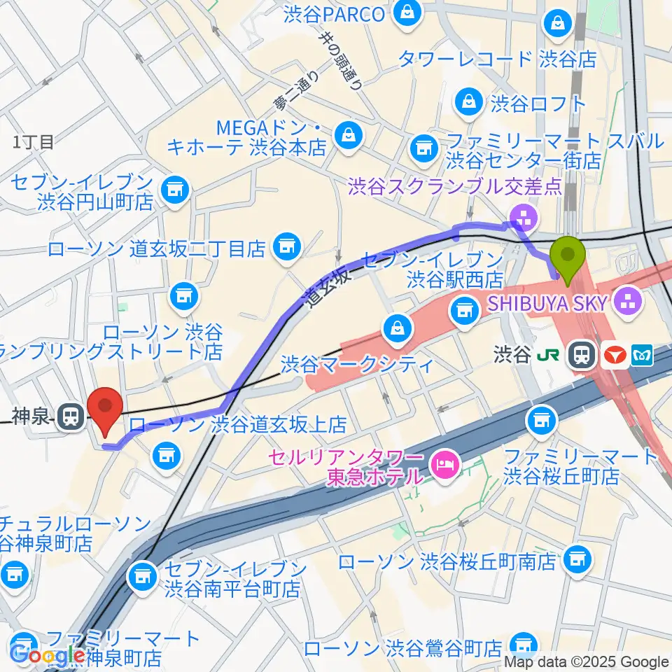 渋谷駅から渋谷ランタンへのルートマップ地図