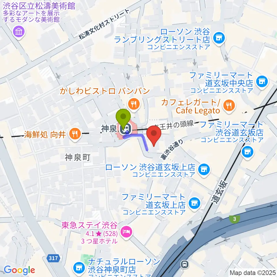 渋谷ランタンの最寄駅神泉駅からの徒歩ルート（約1分）地図