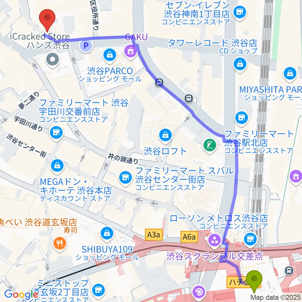 渋谷BALLの最寄駅渋谷駅からの徒歩ルート（約9分）地図