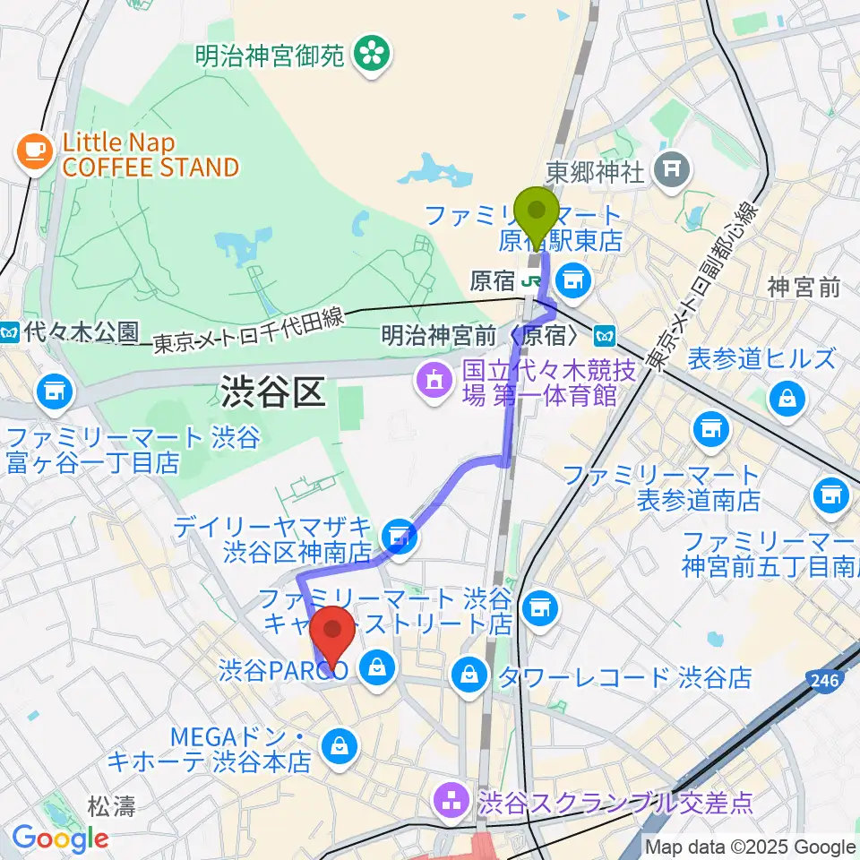 原宿駅から渋谷BALLへのルートマップ地図