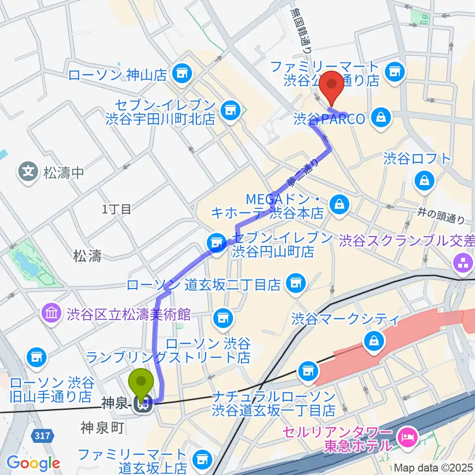 神泉駅から渋谷BALLへのルートマップ地図