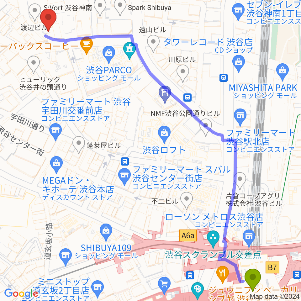 渋谷オルガンバーの最寄駅渋谷駅からの徒歩ルート（約9分）地図