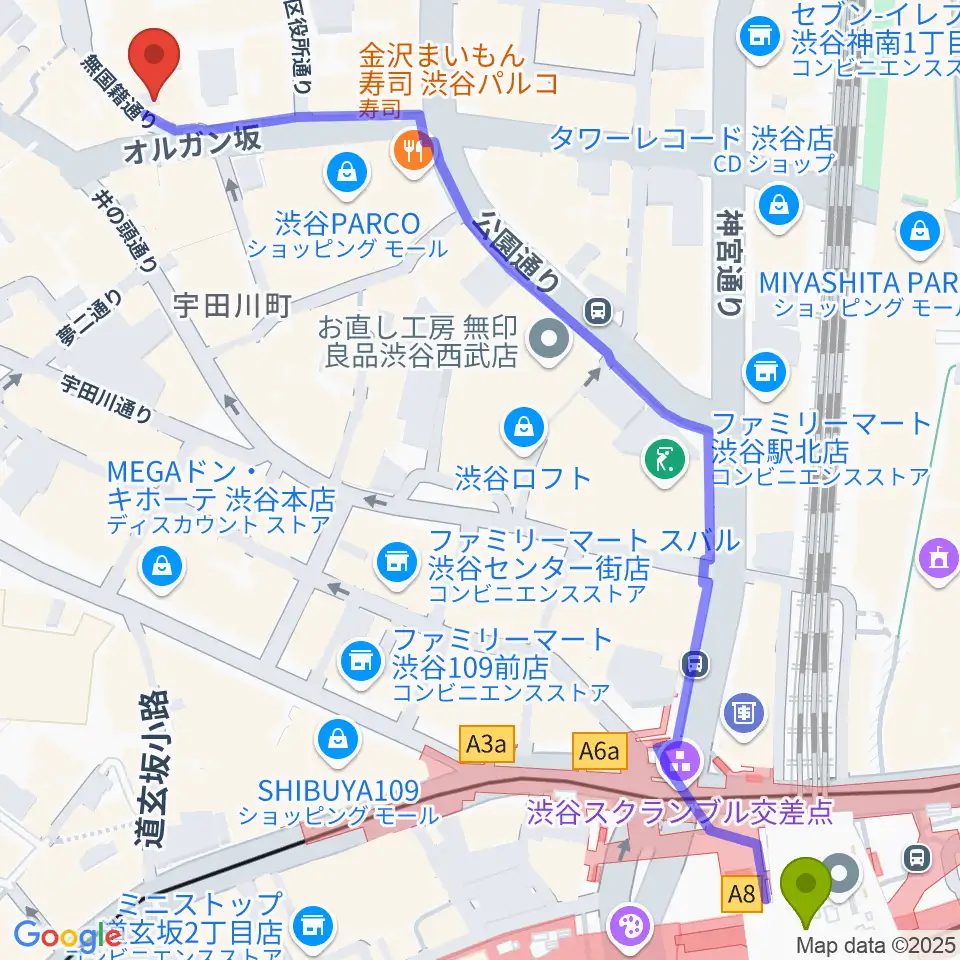 渋谷オルガンバーの最寄駅渋谷駅からの徒歩ルート（約9分）地図