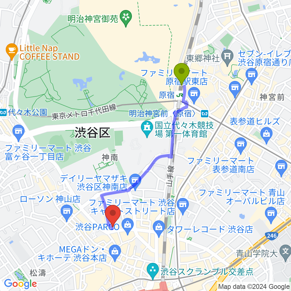 原宿駅から渋谷オルガンバーへのルートマップ地図