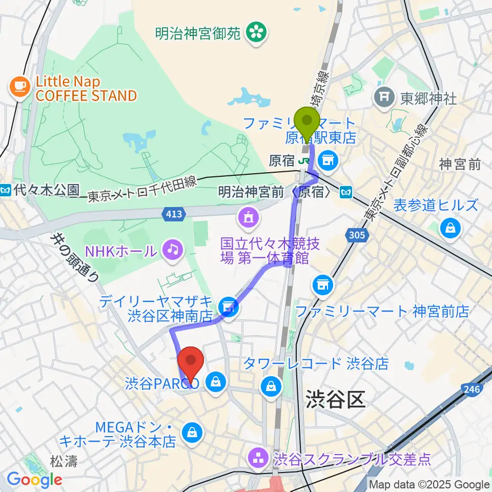 原宿駅から渋谷オルガンバーへのルートマップ地図