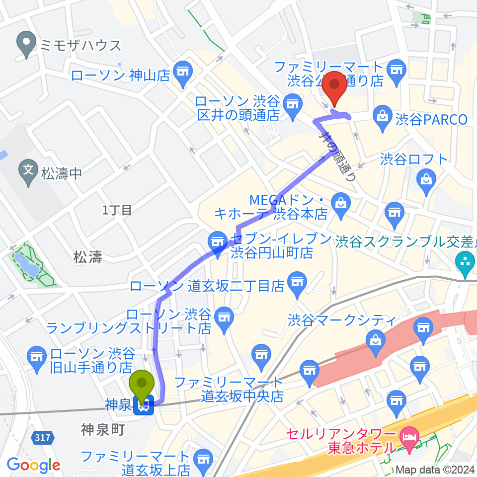 神泉駅から渋谷オルガンバーへのルートマップ地図