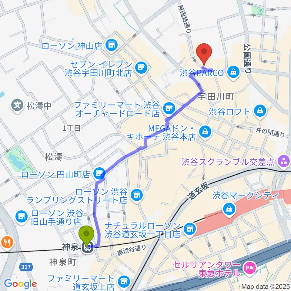 神泉駅から渋谷オルガンバーへのルートマップ地図