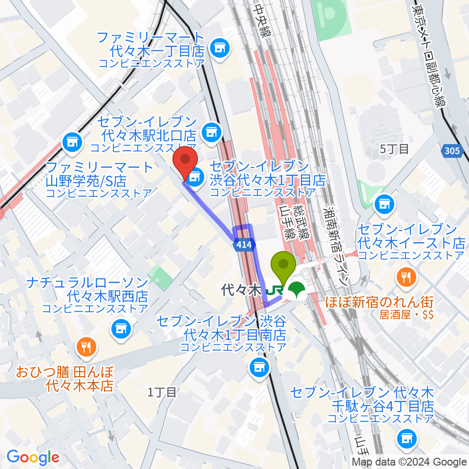 代々木ナルの最寄駅代々木駅からの徒歩ルート（約2分）地図