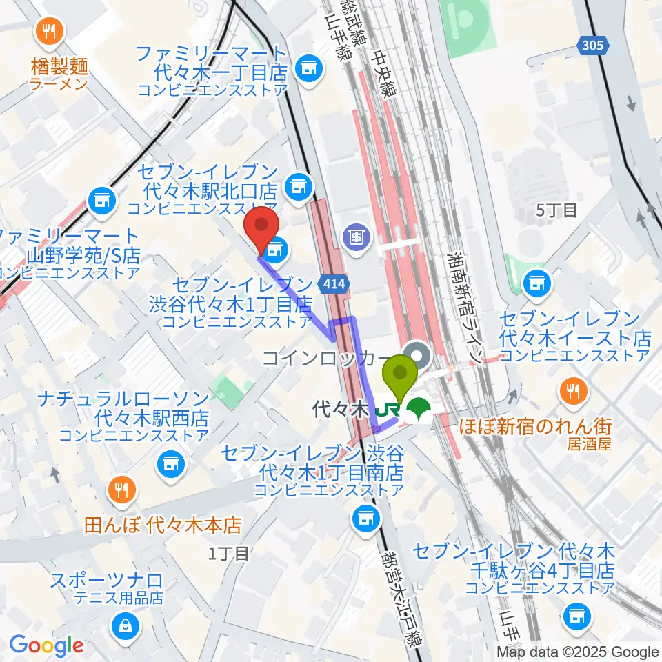 代々木ナルの最寄駅代々木駅からの徒歩ルート（約2分）地図