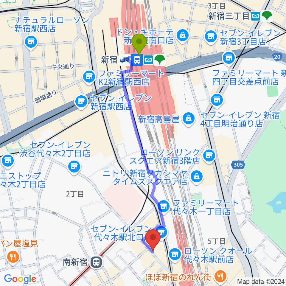 新宿駅から代々木ナルへのルートマップ地図