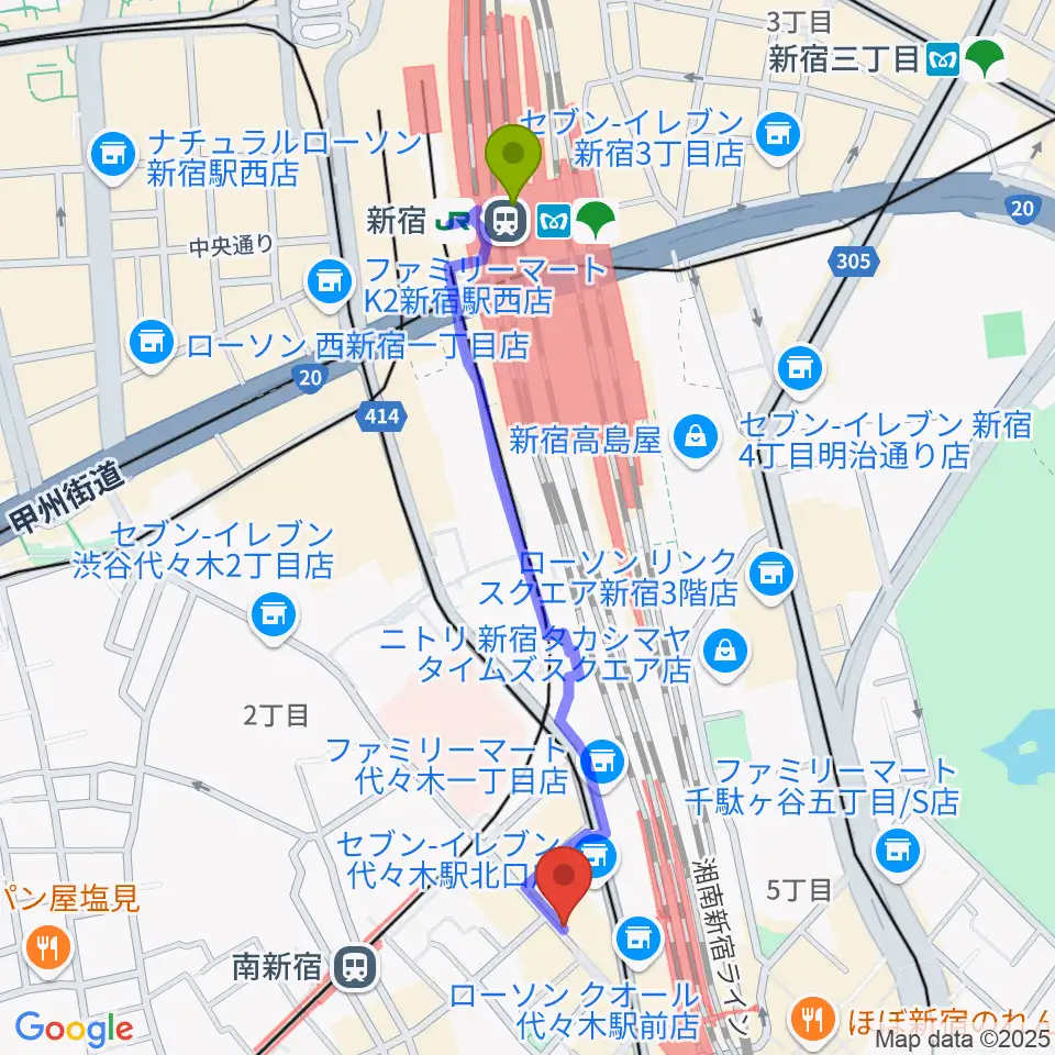 新宿駅から代々木ナルへのルートマップ地図