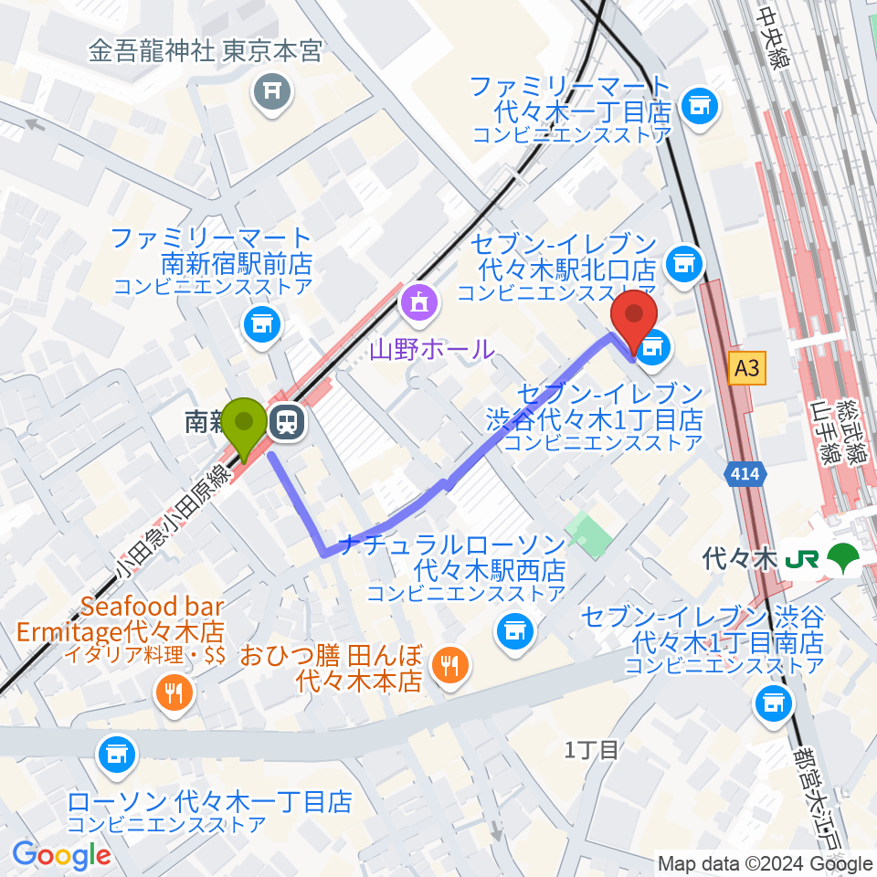 南新宿駅から代々木ナルへのルートマップ地図