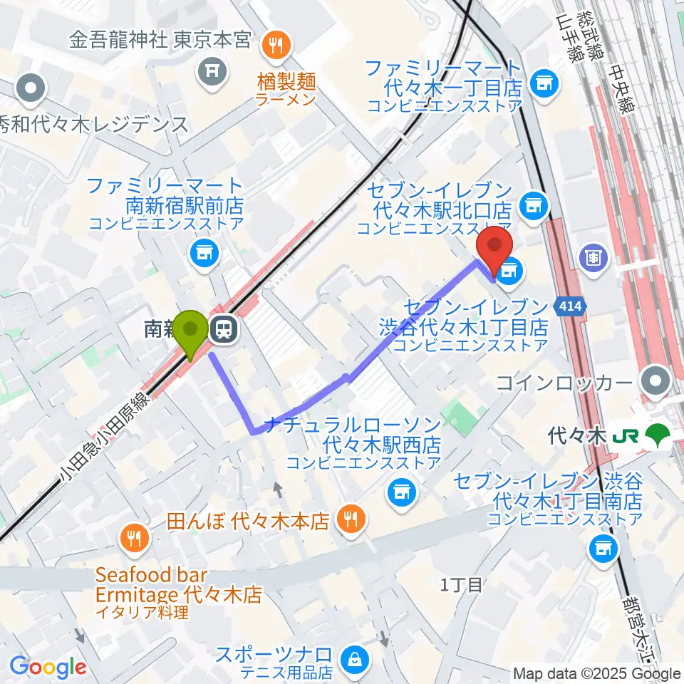 南新宿駅から代々木ナルへのルートマップ地図