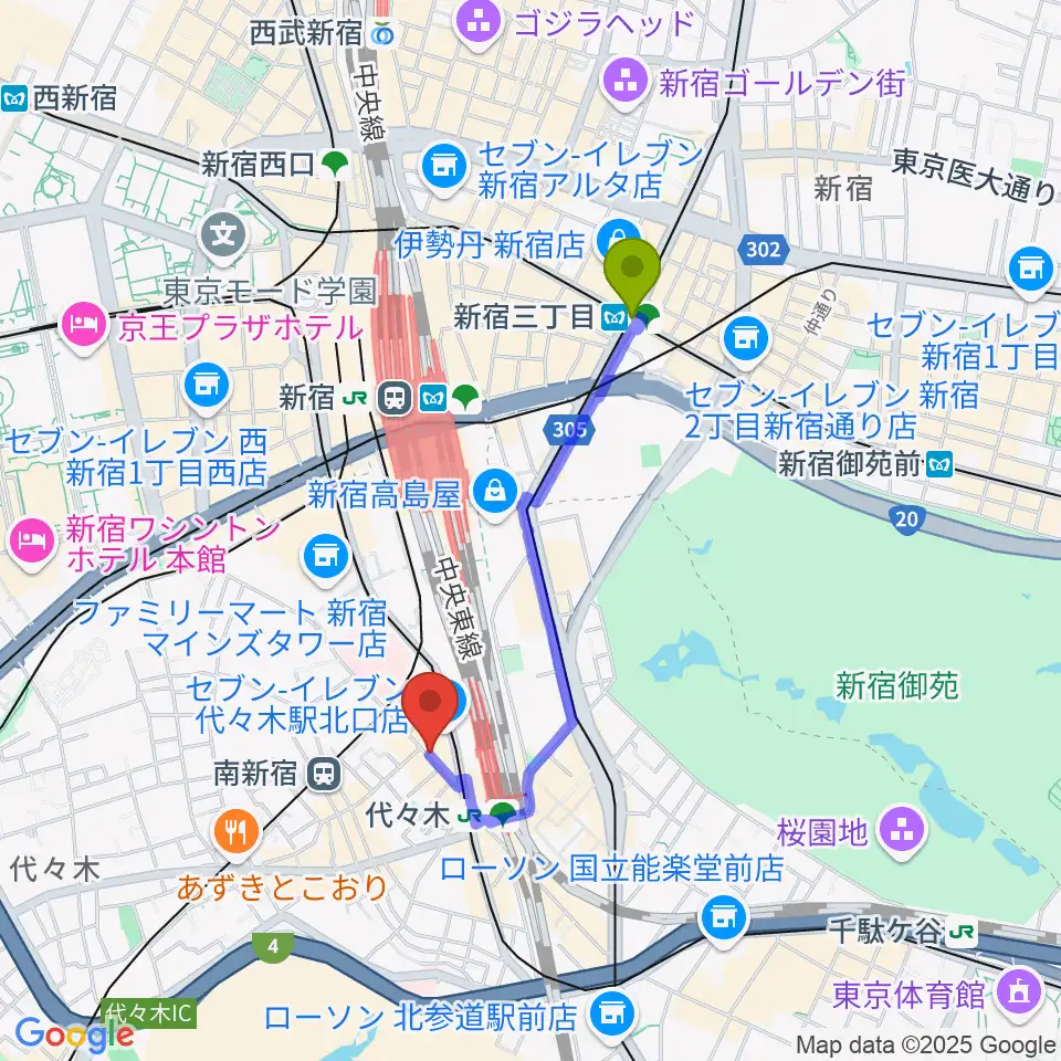 新宿三丁目駅から代々木ナルへのルートマップ地図