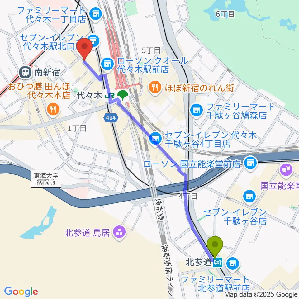 北参道駅から代々木ナルへのルートマップ地図