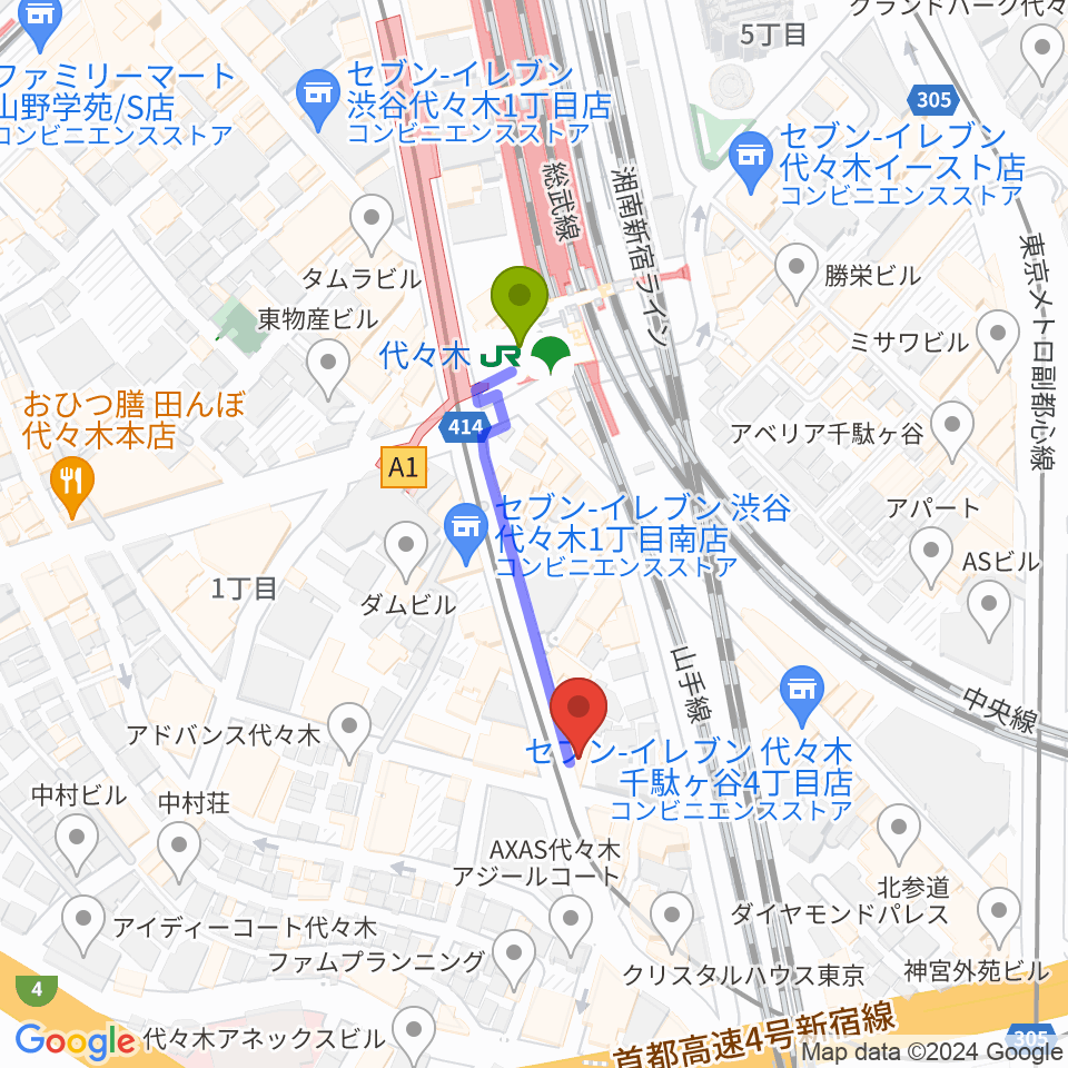 LIVE labo YOYOGIの最寄駅代々木駅からの徒歩ルート（約3分）地図