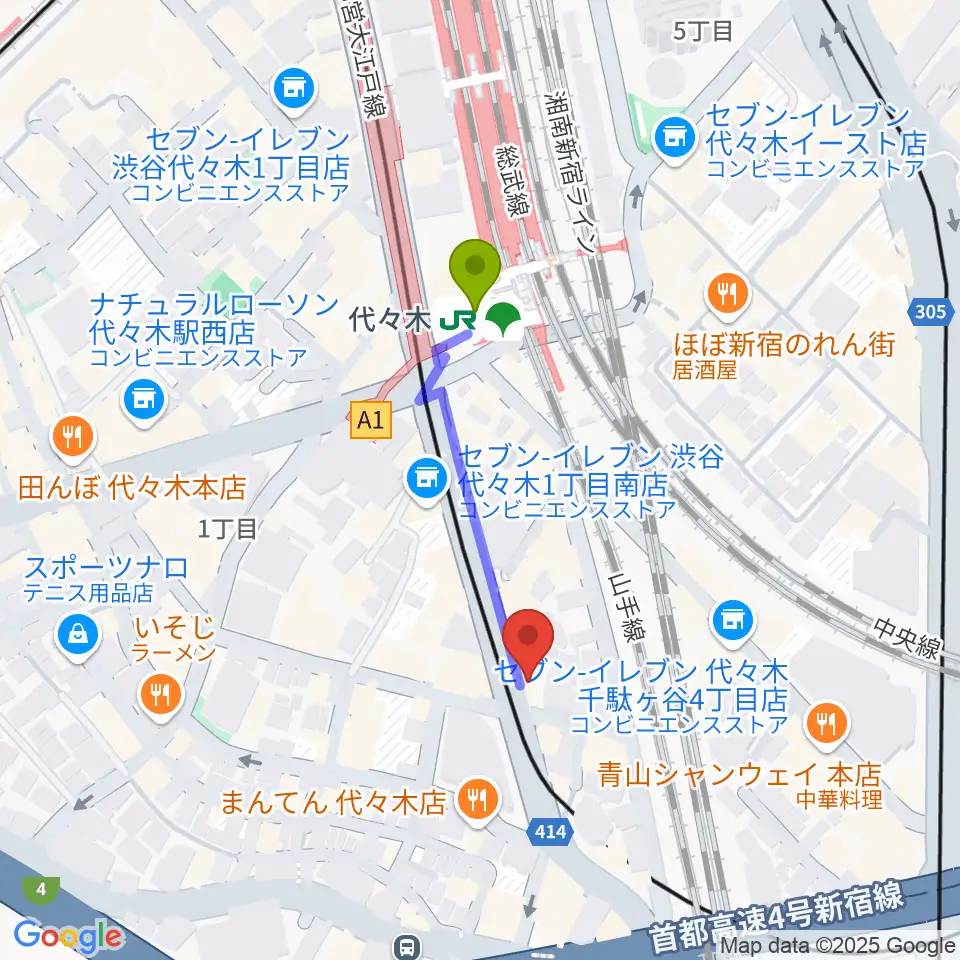 LIVE labo YOYOGIの最寄駅代々木駅からの徒歩ルート（約3分）地図