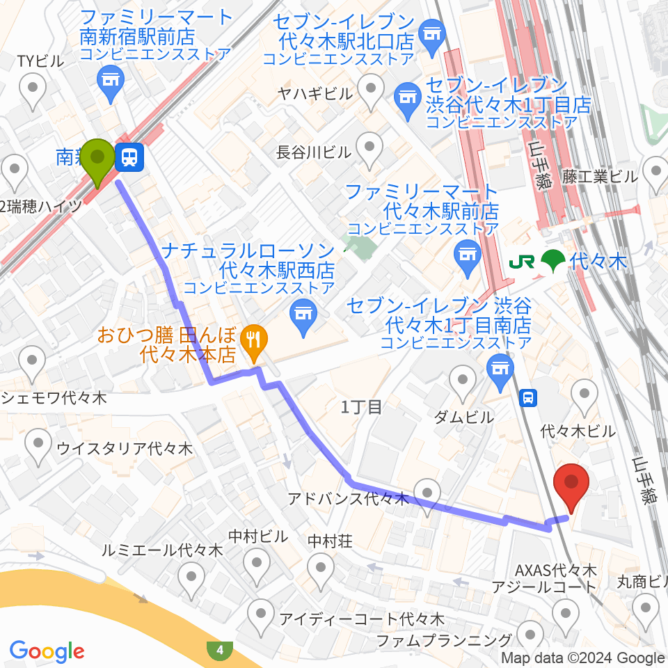 南新宿駅からLIVE labo YOYOGIへのルートマップ地図