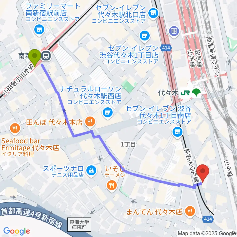 南新宿駅からLIVE labo YOYOGIへのルートマップ地図