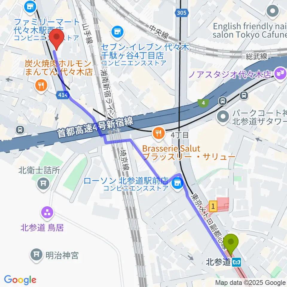 北参道駅からLIVE labo YOYOGIへのルートマップ地図