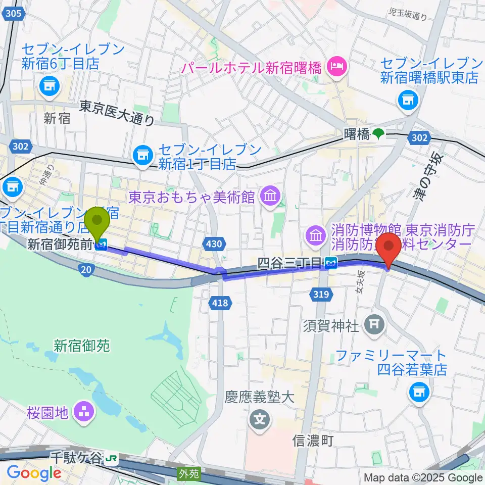 新宿御苑前駅から四谷蟻ん子へのルートマップ地図