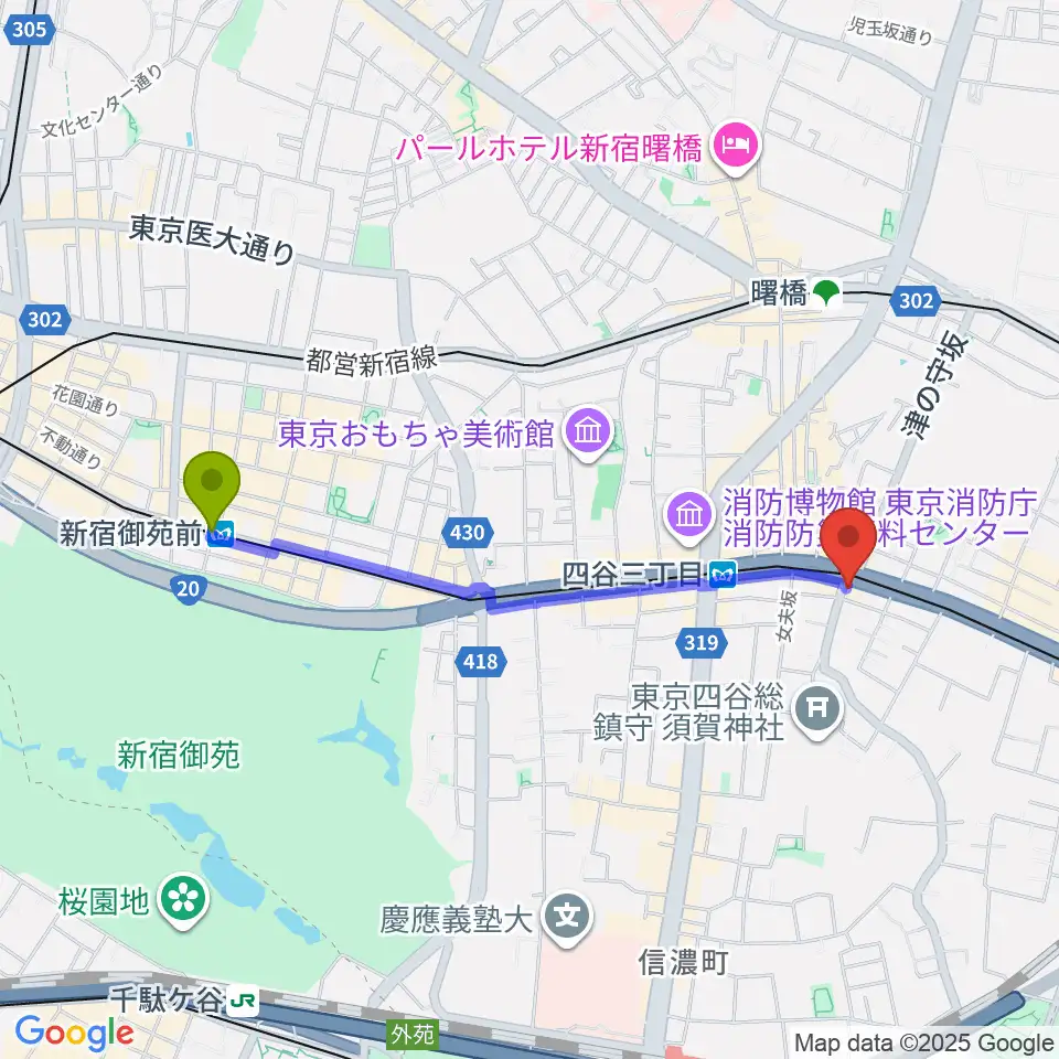 新宿御苑前駅から四谷蟻ん子へのルートマップ地図
