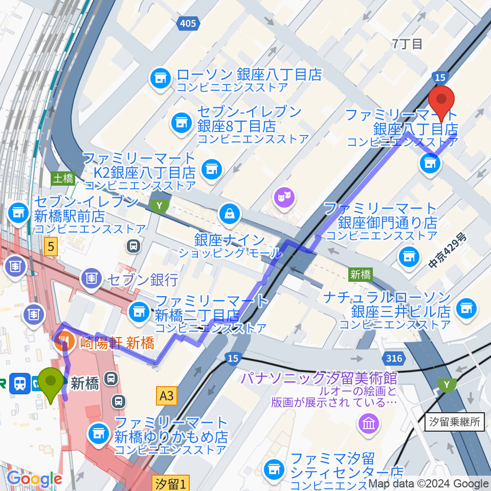 新橋駅から銀座ヤマハホールへのルートマップ地図