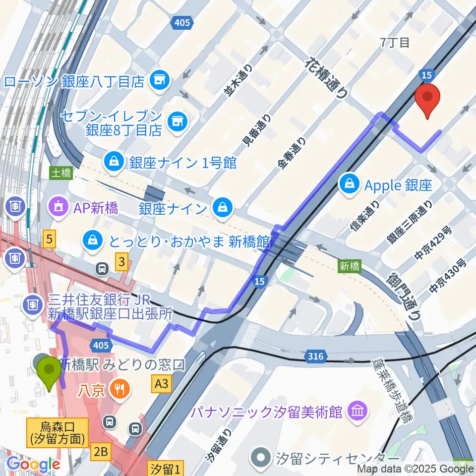 新橋駅からヤマハホールへのルートマップ地図