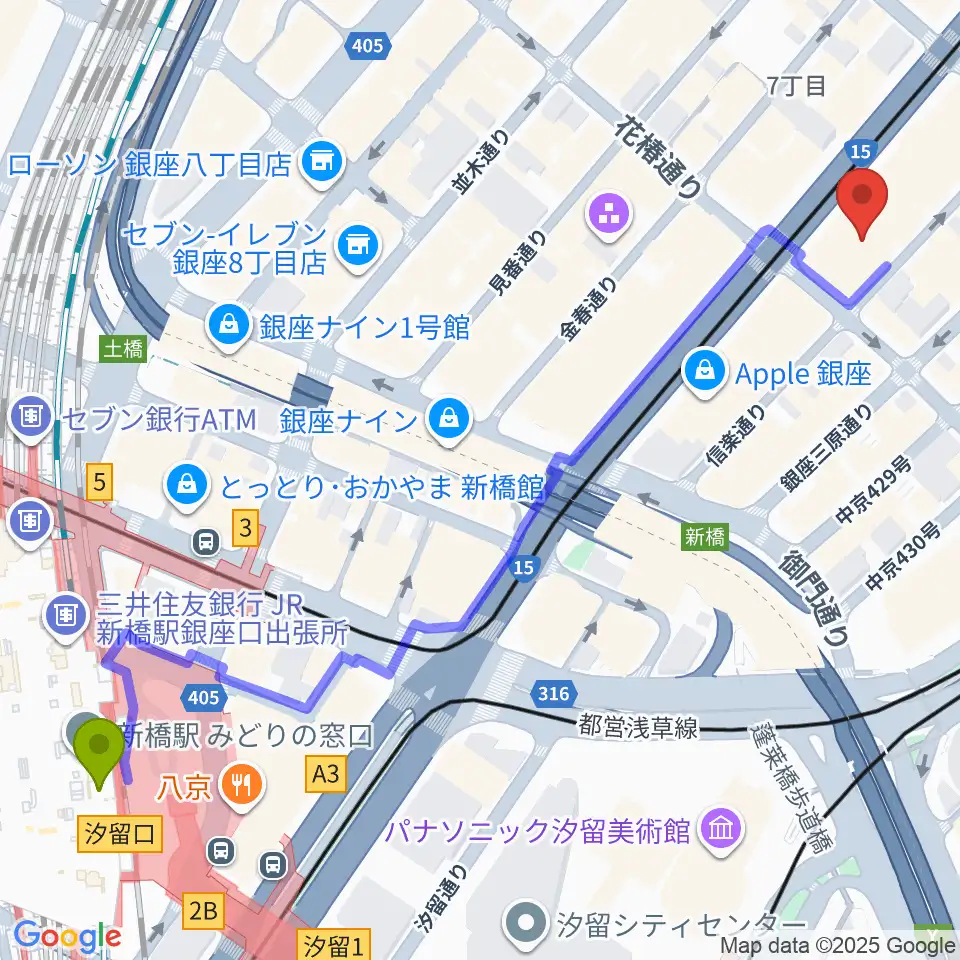 新橋駅からヤマハホールへのルートマップ地図