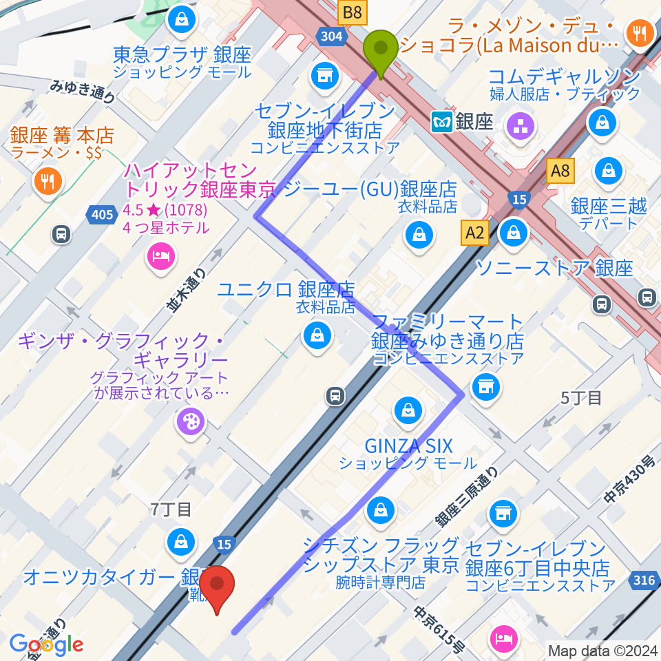 銀座ヤマハホールの最寄駅銀座駅からの徒歩ルート（約7分）地図