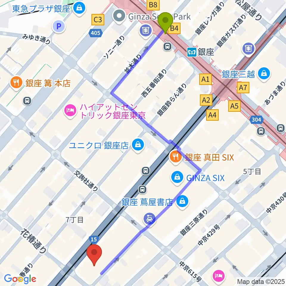 ヤマハホールの最寄駅銀座駅からの徒歩ルート（約7分）地図