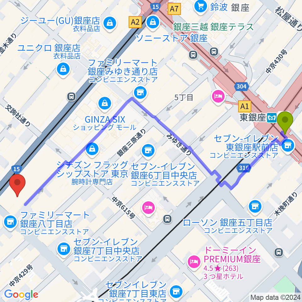 東銀座駅から銀座ヤマハホールへのルートマップ地図