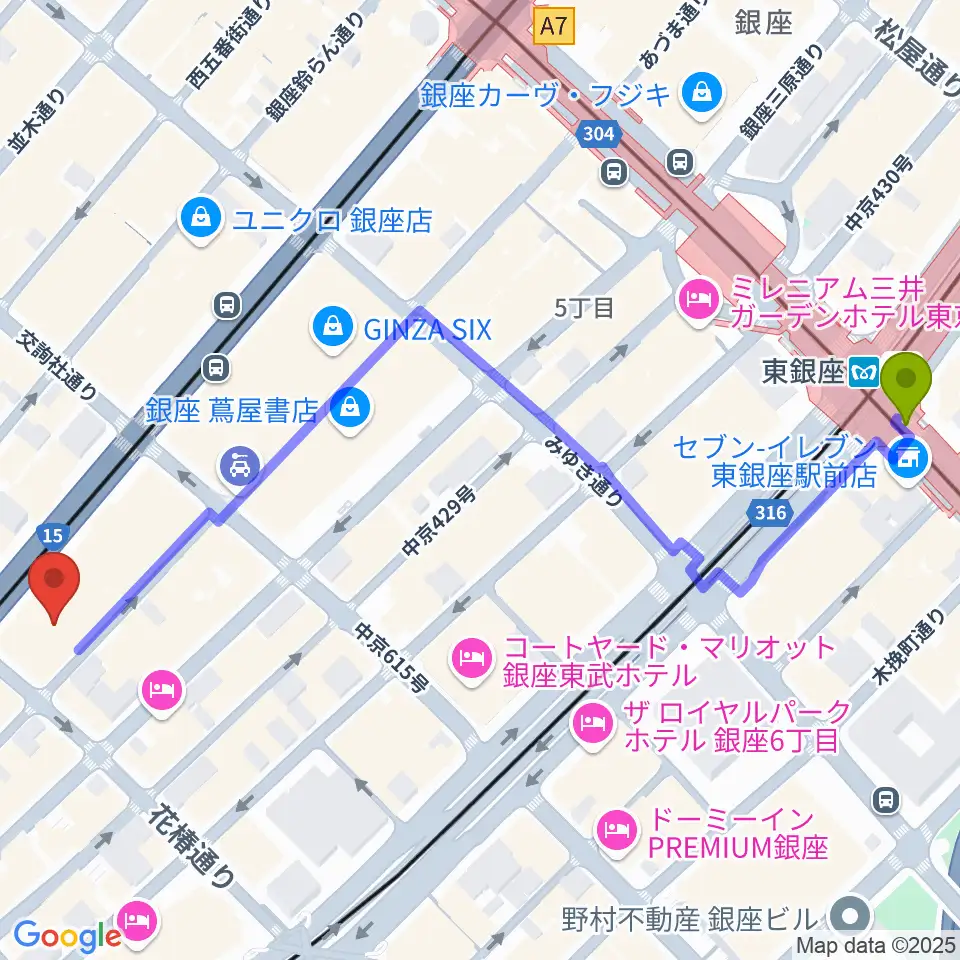 東銀座駅からヤマハホールへのルートマップ地図