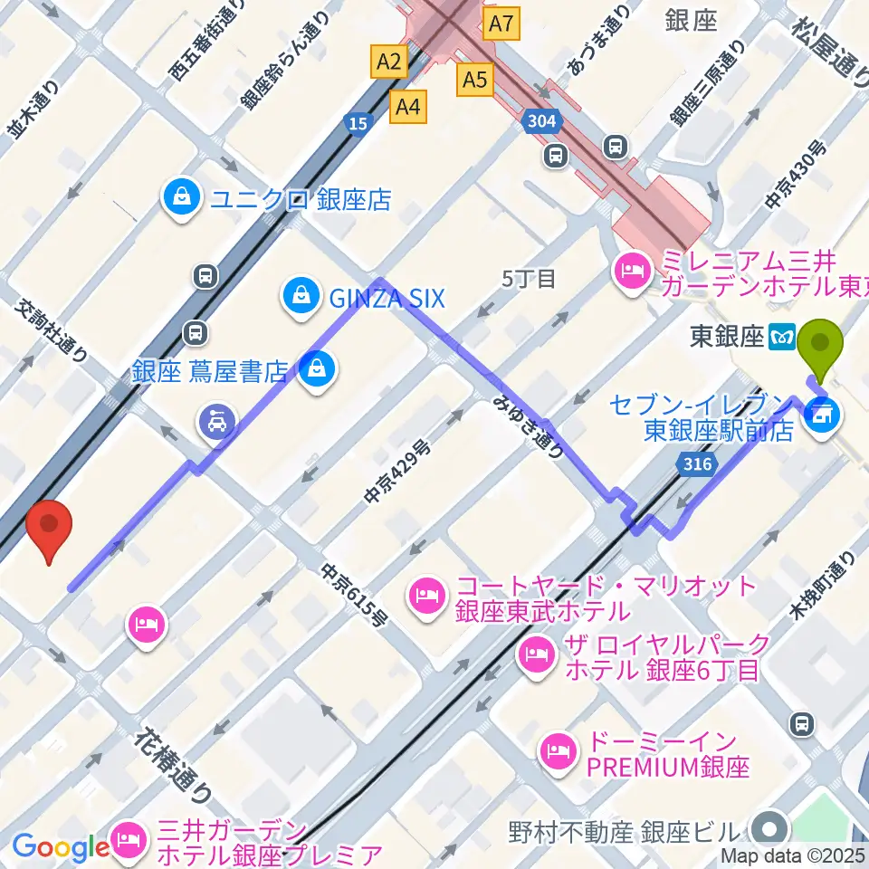 東銀座駅からヤマハホールへのルートマップ地図