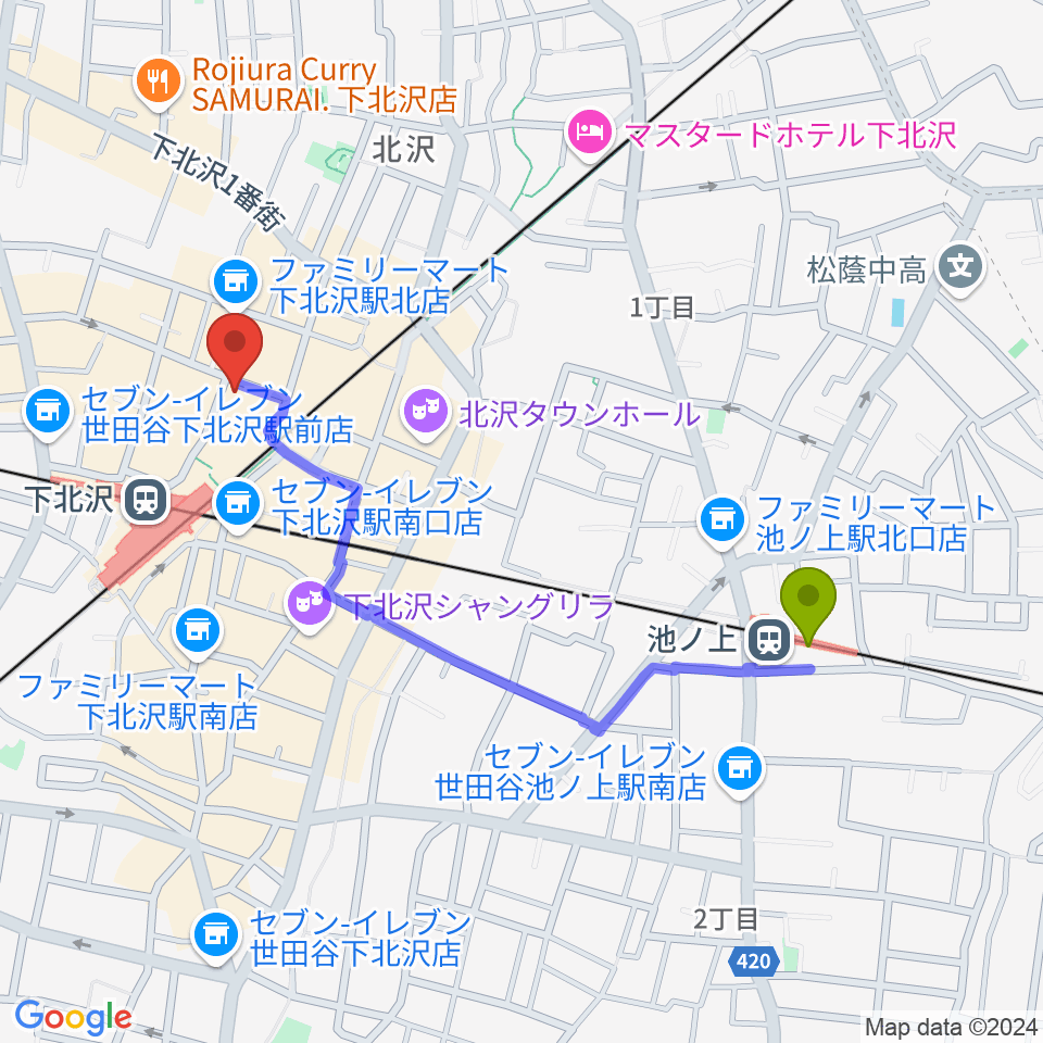 池ノ上駅から下北沢アレイホールへのルートマップ地図