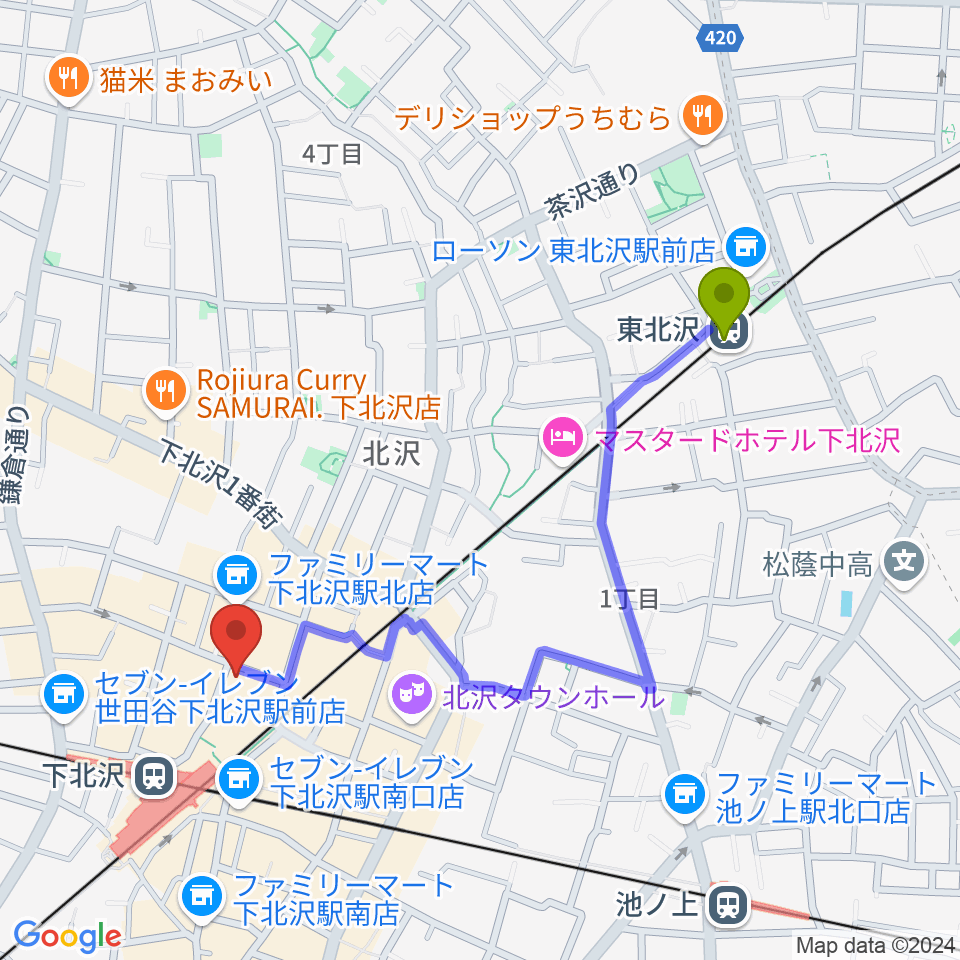 東北沢駅から下北沢アレイホールへのルートマップ地図