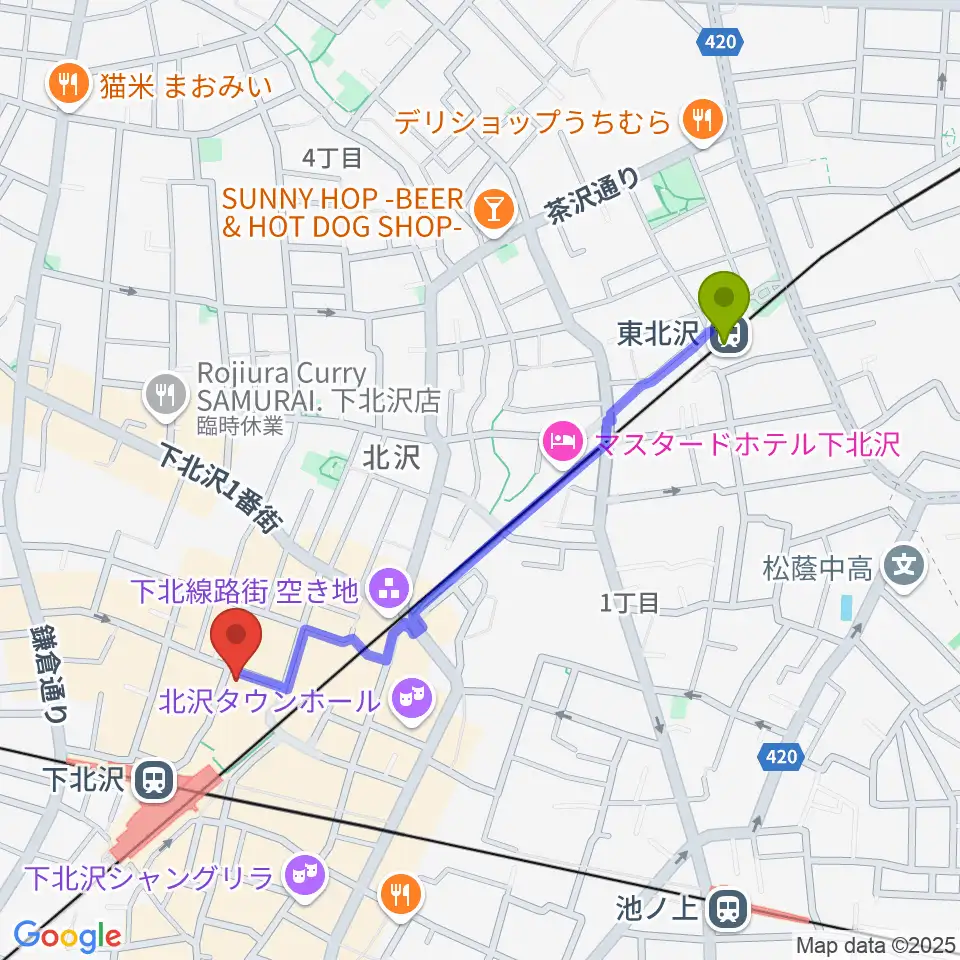 東北沢駅から下北沢アレイホールへのルートマップ地図