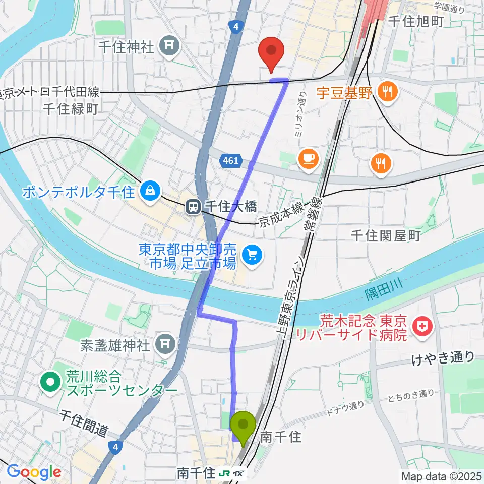南千住駅から東京芸術センター ピアノラウンジへのルートマップ地図