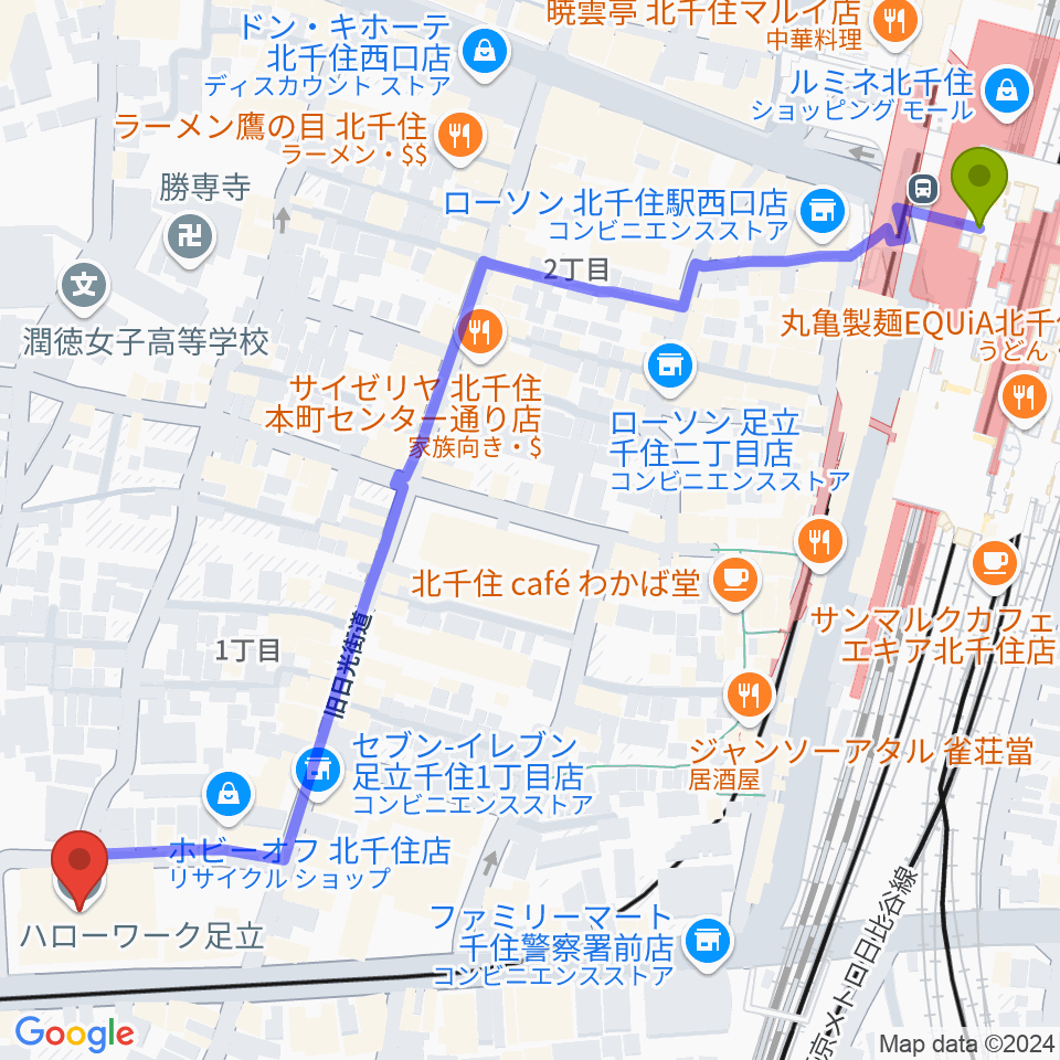 東京芸術センター ピアノラウンジの最寄駅北千住駅からの徒歩ルート（約8分）地図