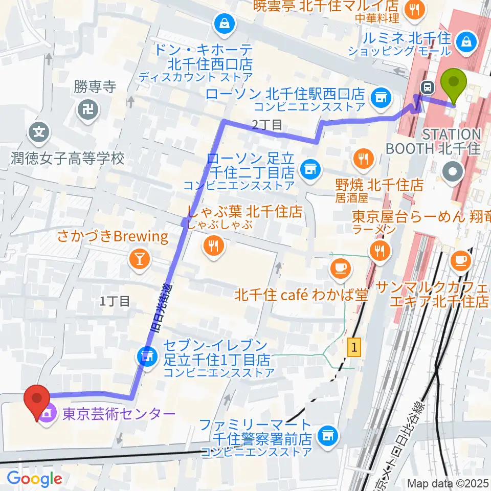 東京芸術センター ピアノラウンジの最寄駅北千住駅からの徒歩ルート（約8分）地図