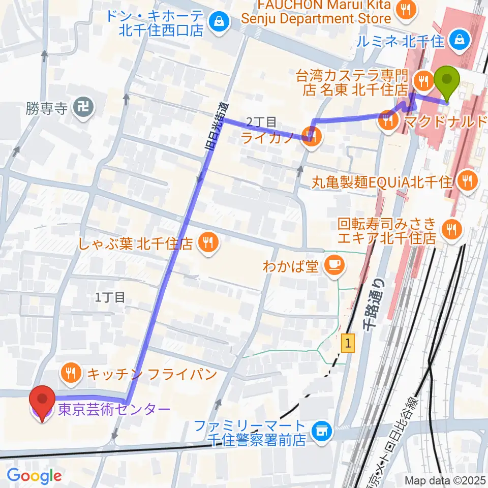 東京芸術センター ピアノラウンジの最寄駅北千住駅からの徒歩ルート（約8分）地図