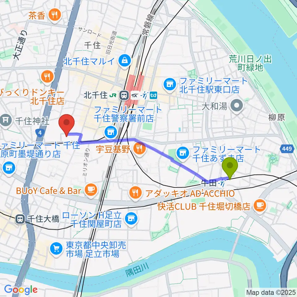 牛田駅から東京芸術センター ピアノラウンジへのルートマップ地図