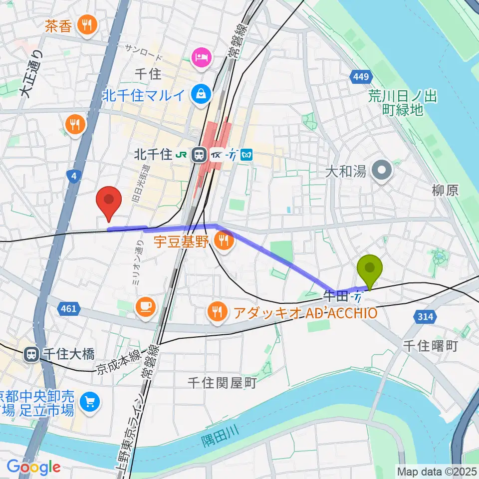 牛田駅から東京芸術センター ピアノラウンジへのルートマップ地図