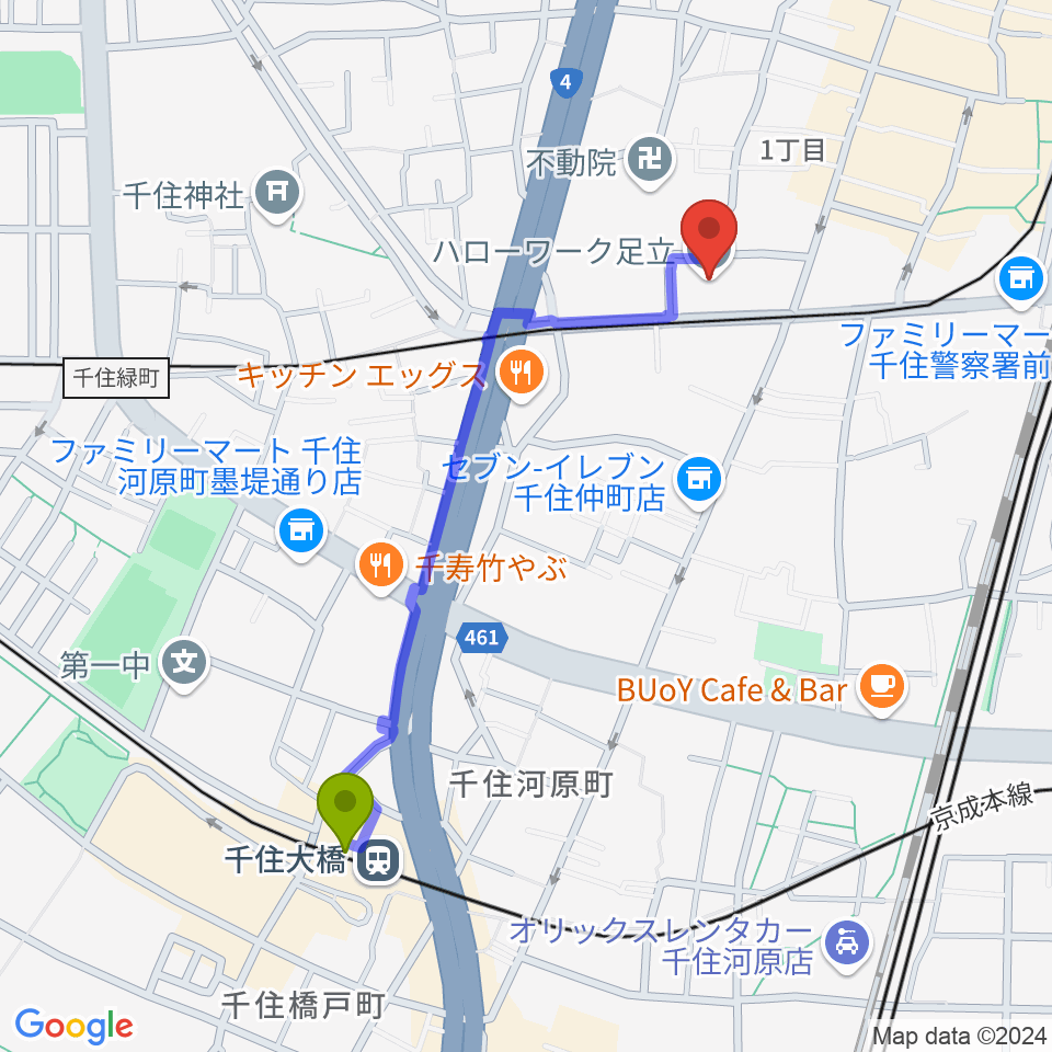 千住大橋駅から東京芸術センター ピアノラウンジへのルートマップ地図