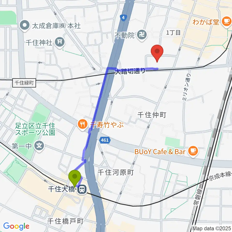 千住大橋駅から東京芸術センター ピアノラウンジへのルートマップ地図