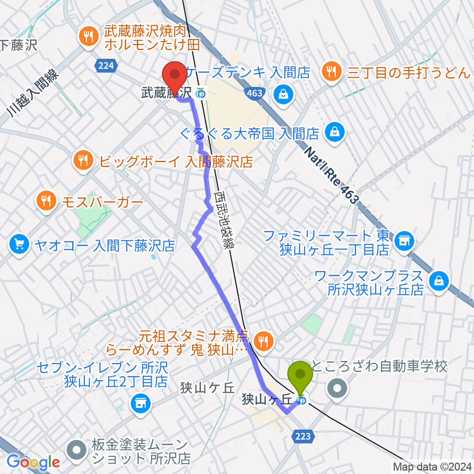 狭山ヶ丘駅から音降りそそぐ武蔵ホールへのルートマップ地図