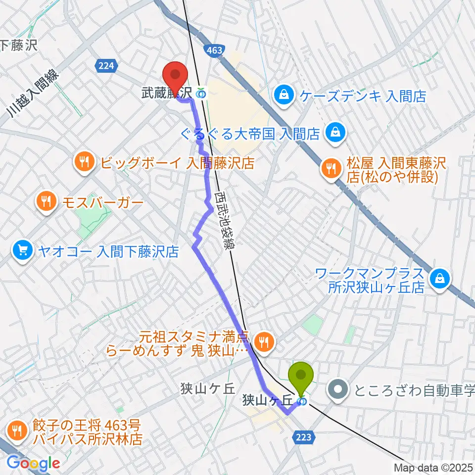 狭山ヶ丘駅から音降りそそぐ武蔵ホールへのルートマップ地図