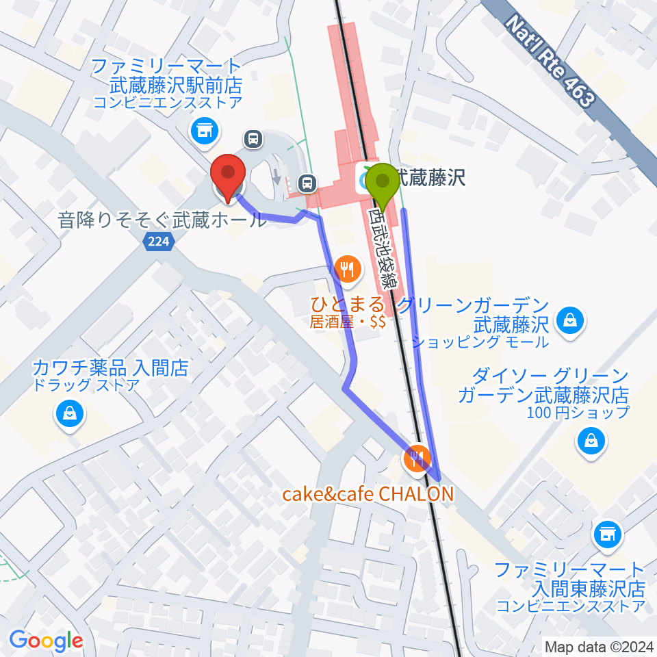 音降りそそぐ武蔵ホールの最寄駅武蔵藤沢駅からの徒歩ルート（約2分）地図