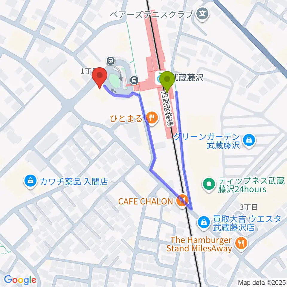 音降りそそぐ武蔵ホールの最寄駅武蔵藤沢駅からの徒歩ルート（約2分）地図