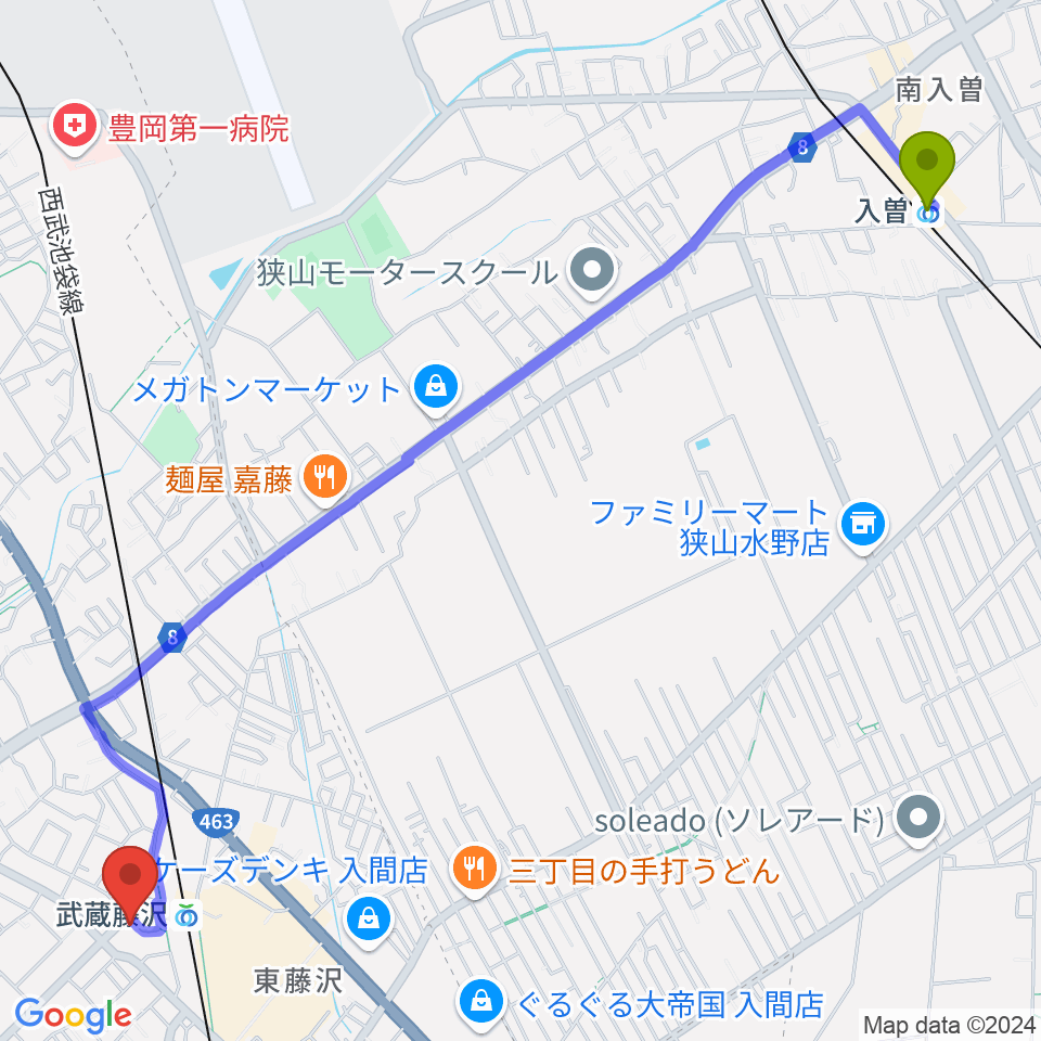 入曽駅から音降りそそぐ武蔵ホールへのルートマップ地図